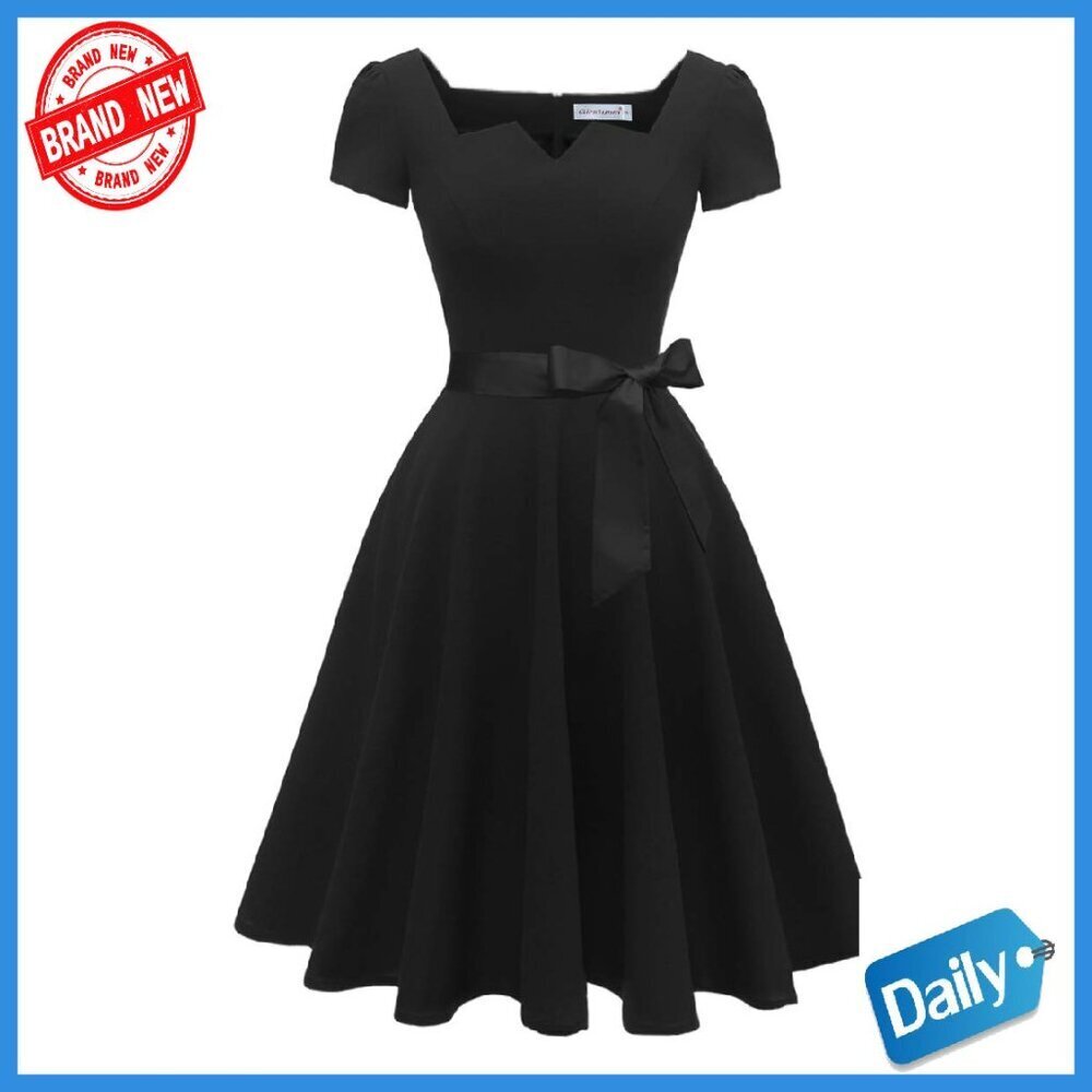 Vintage Tea Dress with Pockets, V-Neck, Short Sleeves, A-Line Swing